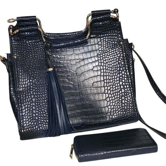 Navy Blue Croc-Embossed Vegan Leather Tote Bag & Wallet Set With Gold-Tone Hardw - Picture 1 of 7